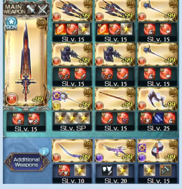 武器編成（メイン=コロッサスバスター・イラ?＋コロッサスマグナ系グリッド3x3＋Additional3。slot7=光武器・Additional=闇武器の異色枠あり）