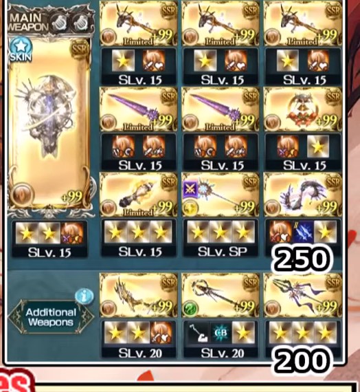 武器編成。メイン=アンドロメダ＋グリッド3x3(巌迫の躯杖x3/ワールド・エンドx2/バブ・ベル・ランデヴ/パイルスマッシュ/献誠・煌神杖/絶対否定の竪琴)＋Additional3(豊穣と恩愛の寿ぎ/オメガロッド/万象尽滅の三又槍)。