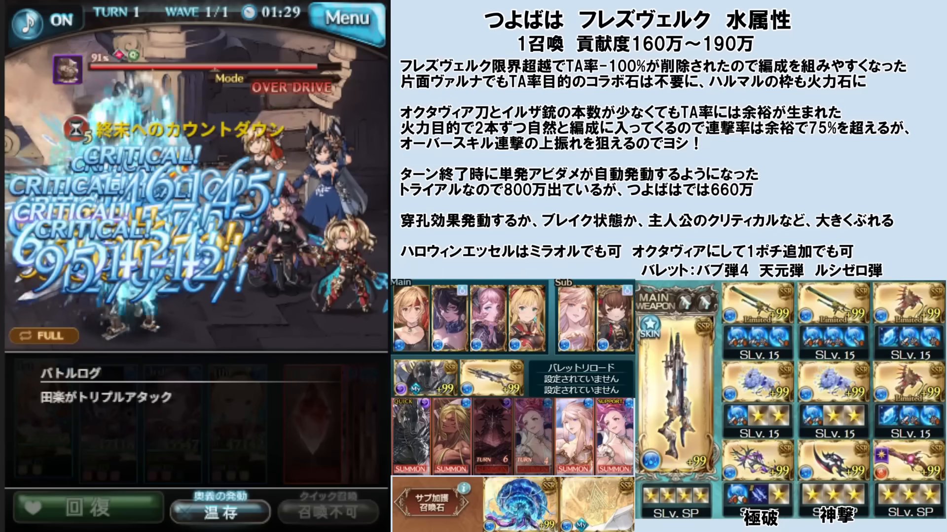 ⑧つよばは フレズヴェルク水属性｜1召喚で貢献度160万〜190万。フレズヴェルク限界超越でTA率-100%が削除され編成が組みやすく。片面ヴァルナでもコラボ石・るまる石なしでTA確定。オクタヴィア刀・イルザ銃が少なくても連撃75%超。ターン終了時に単発アビダメが自動発動