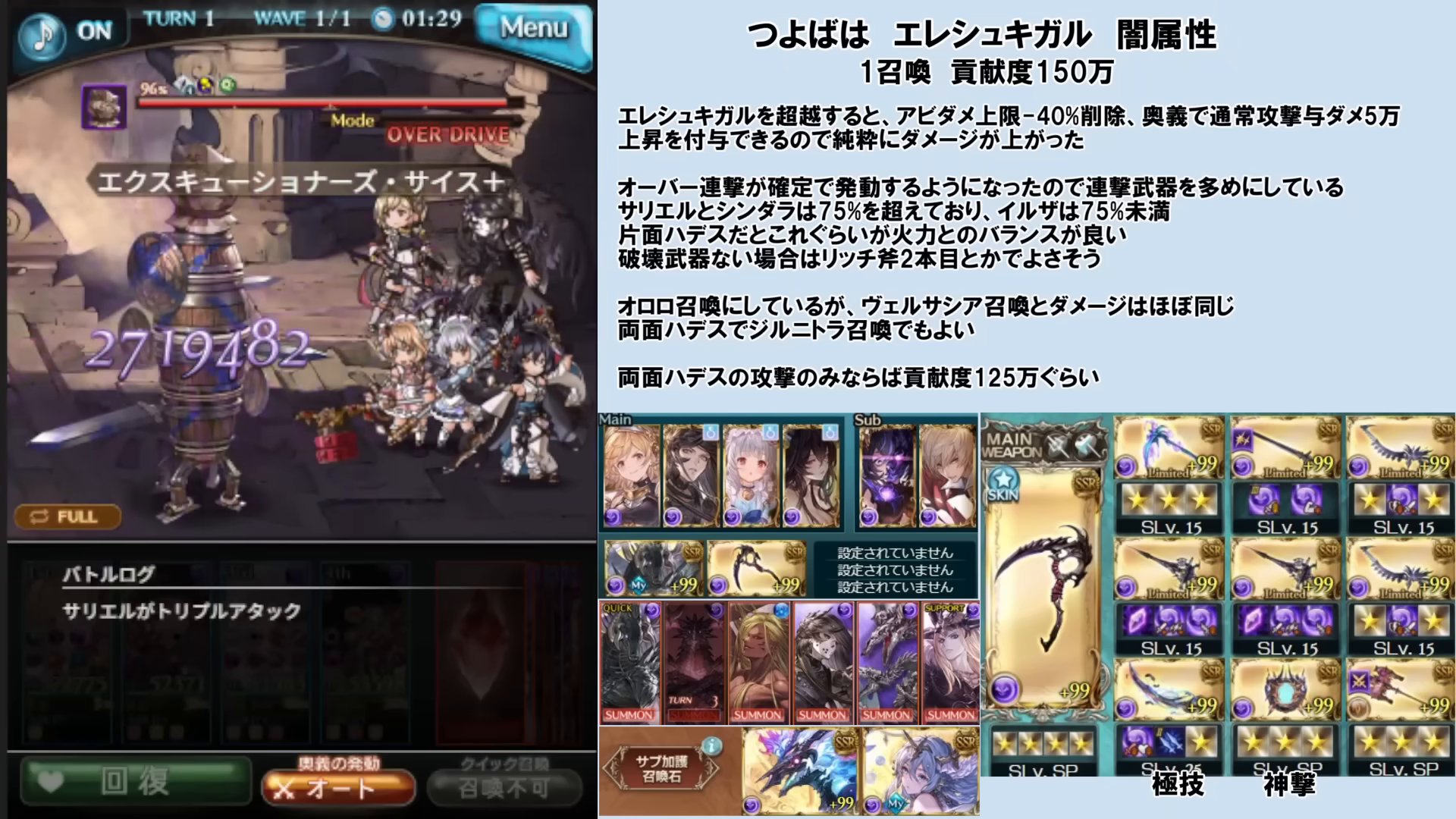 ⑨つよばは エレシュキガル闇属性｜1召喚で貢献度150万。エレシュキガル超越でアビダメ上限-40%削除＋奥義で通常与ダメ+5万。連撃武器多め。片面ハデスでこれくらいが火力バランス良。オロロ召喚だがヴェルサシア召喚とほぼ同ダメ、両面ハデスでジルニトラ召喚も可（両面ハデス攻撃のみなら貢献度125万ほど）